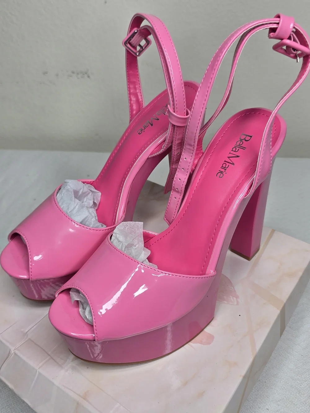 Bella Marie Pink Patent Platform Ankle Strap Buckle Open Toe Block Heel US 10
